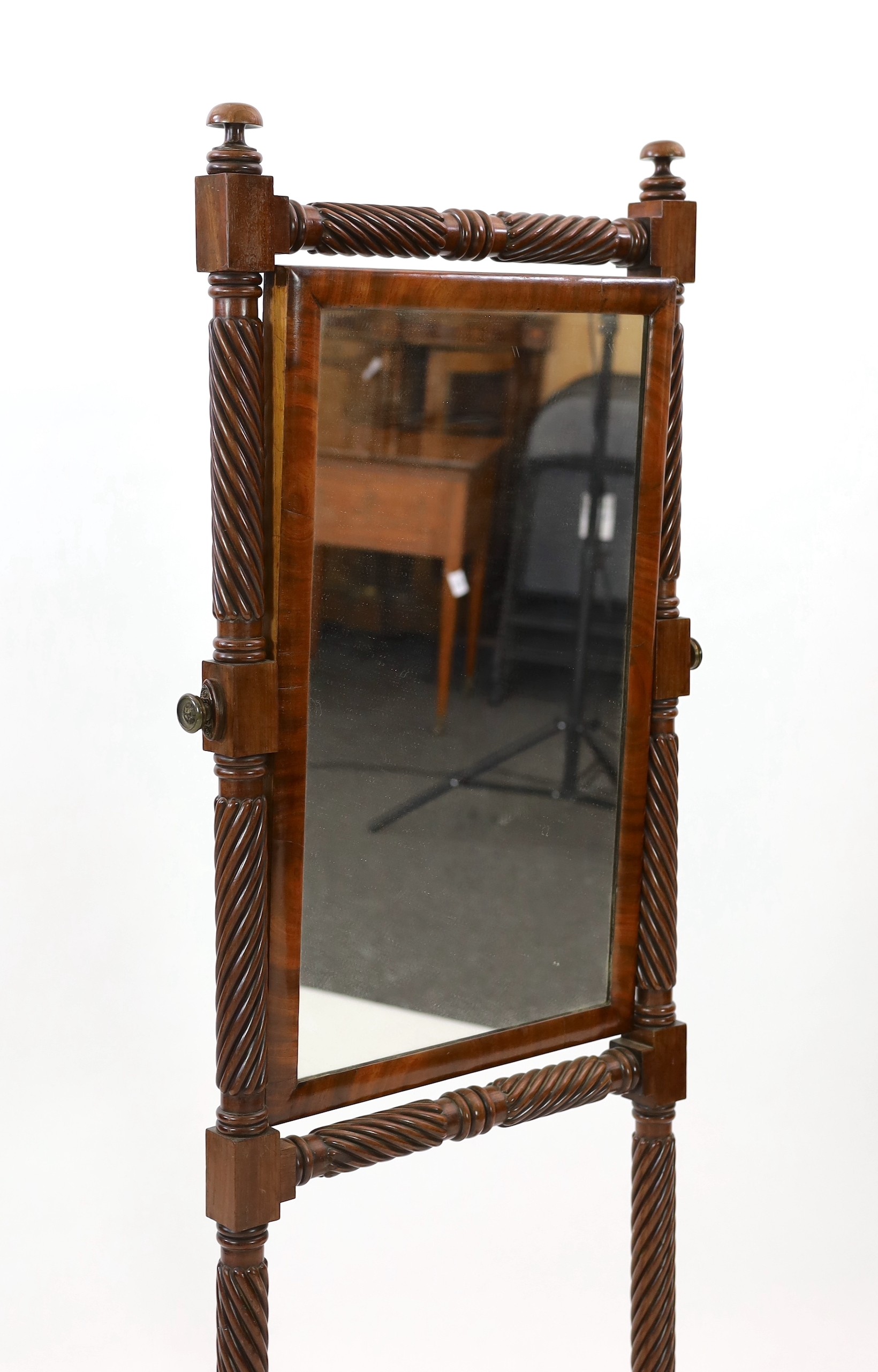 A Regency mahogany cheval glass, W.61cm D.69cm H.160cm